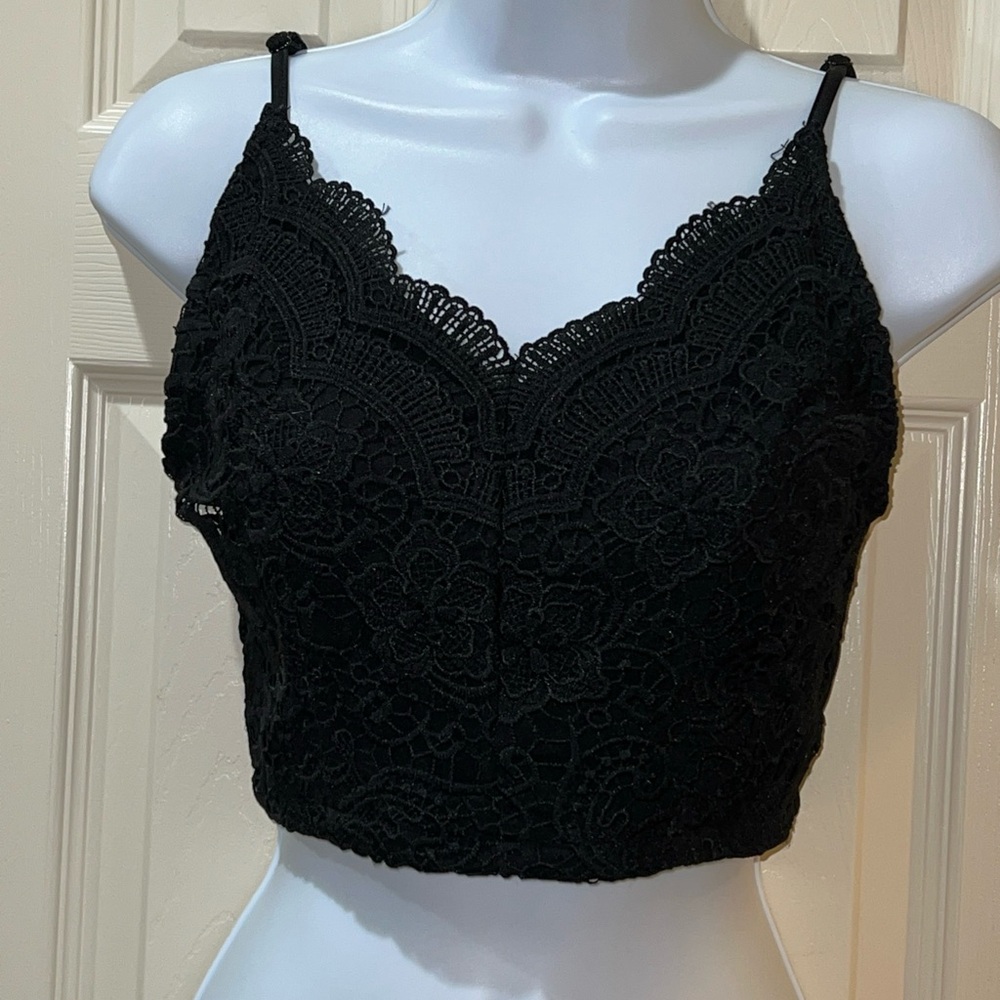 Anthropologie Paper Crane Black Lace Tank Top Sz Small Y2K Coquette Lace Cottage